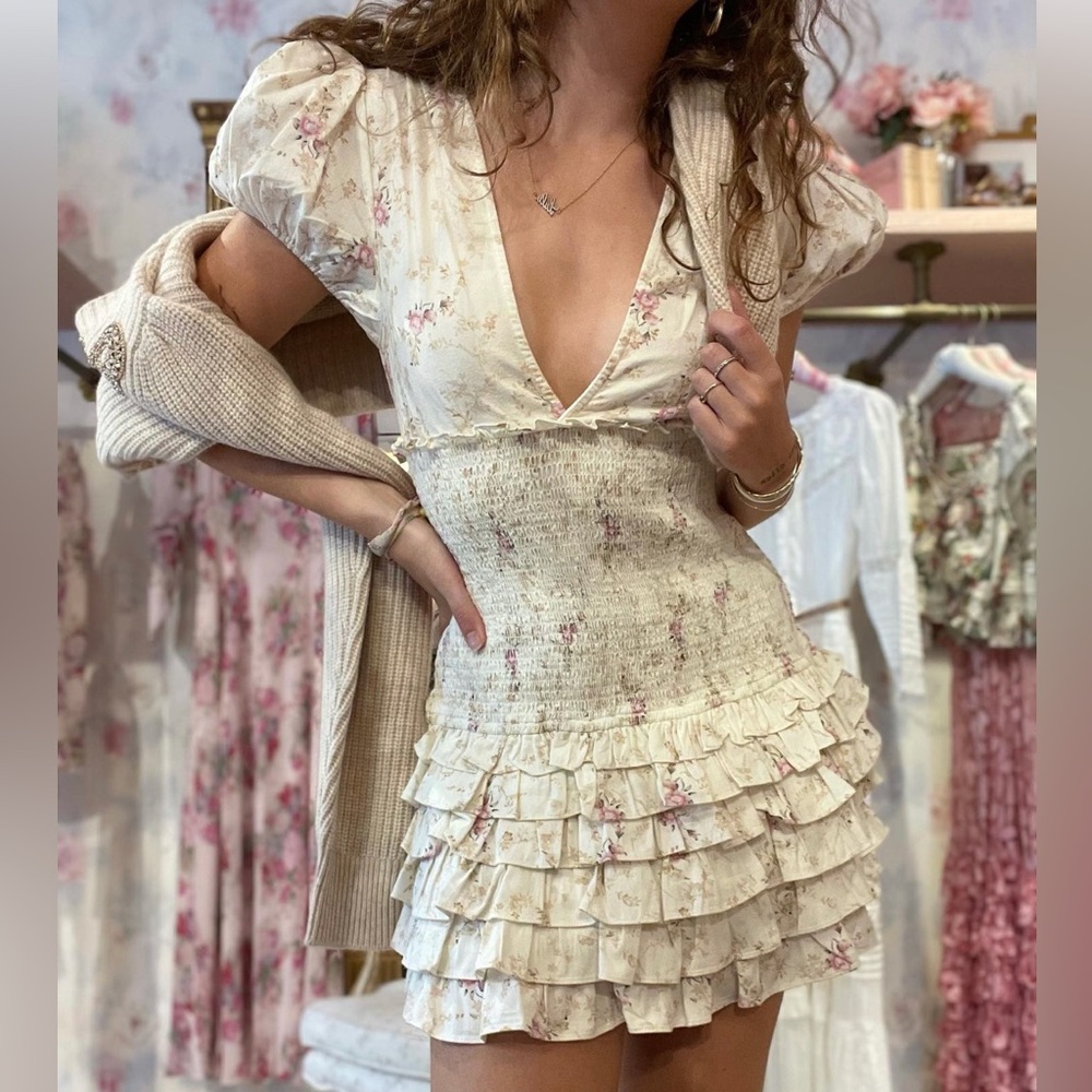 LoveShackFancy Smocked Ruffle Mini Dress